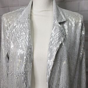 Shimmering All Over Sequin Silver Blazer Cardigan womens M medium Party Jacket